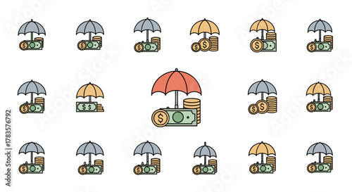 Collection of flat design icons depicting money protected by umbrellas, symbolizing financial security, insurance, and savings. These vector graphics feature banknotes and coins under various colored