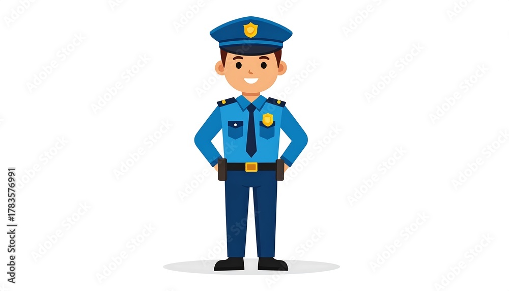 Obraz premium Smiling cartoon illustration of a police officer in uniform. Officer is standing with hands on hips, wearing a hat