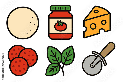 Collection of colorful icons for pizza making ingredients and tools