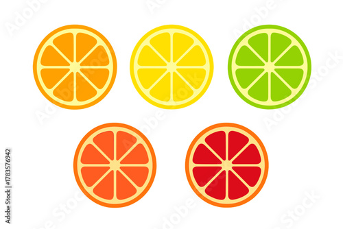 Set of colorful citrus fruit slices including orange lemon lime and grapefruit