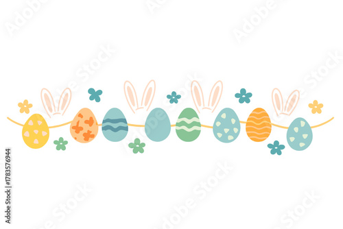 Festive spring garland border with colorful patterned Easter eggs, small flowers, and hidden bunny ears