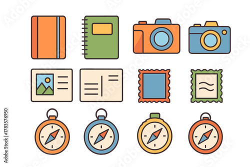 Colorful collection of travel and adventure icons featuring cameras, notebooks, postcards, and compasses