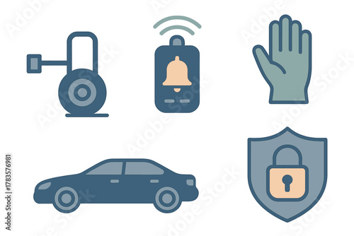 Automobile safety and security icons featuring remote control, wheel lock, and protective shield