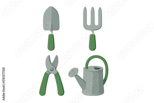 Set of essential gardening tools including trowel, hand fork, shears, and watering can