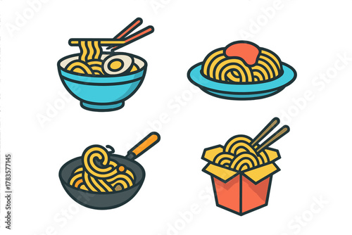 Variety of Asian noodle dishes and cooking process icons