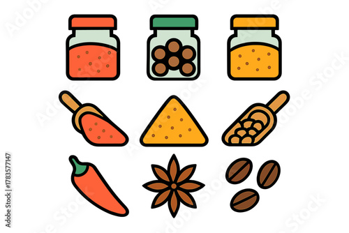 Colorful assortment of food ingredient icons in jars and scoops