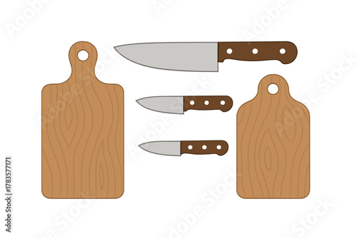 Assortment of wooden cutting boards and kitchen knives in various sizes