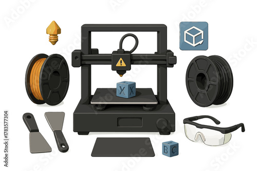 Set of 3D printing equipment, accessories, and supplies including filament, nozzle, and safety glasses