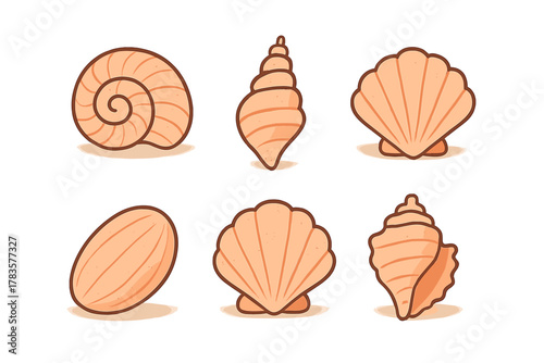 Six stylized seashell icons in warm beige tones for coastal design elements