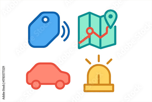 Set of icons for vehicle tracking system featuring GPS map, car key fob, and alarm light