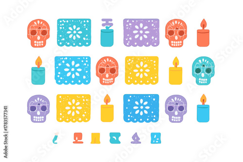 Vibrant Day of the Dead elements including sugar skulls, burning candles, and perforated paper banners