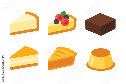 Isometric set of various sweet dessert slices including cheesecake, pie, brownie, and pudding
