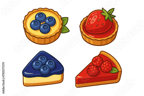 Delicious set of fruit desserts including blueberry tarts, strawberry pie, and raspberry cake slices