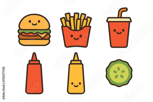 Cute smiling fast food meal set with hamburger french fries soda and condiments