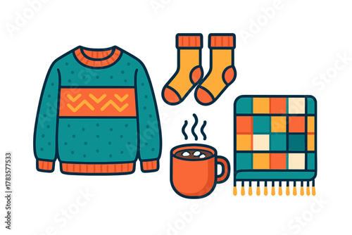 Cozy winter essentials including a warm sweater, checkered blanket, socks, and hot chocolate