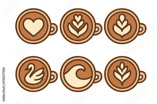 Six stylized coffee latte art icons featuring heart swan wave and leaf designs
