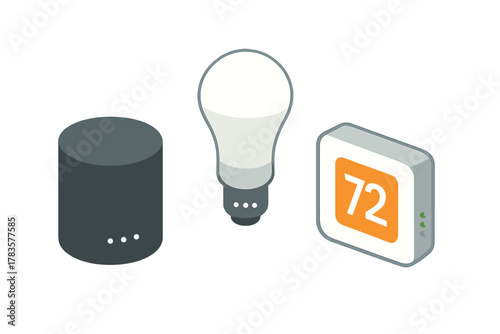 Isometric smart home devices collection featuring speaker light bulb and thermostat