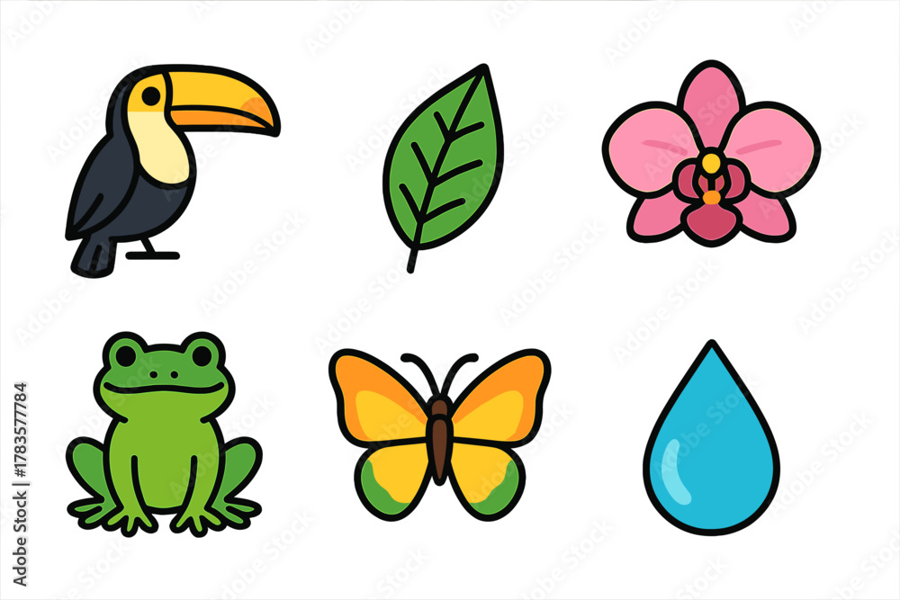 Obraz premium Tropical nature icons set featuring toucan frog butterfly orchid and water drop
