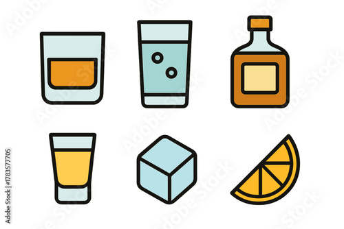 Stylized icons representing alcoholic beverages and essential bar ingredients