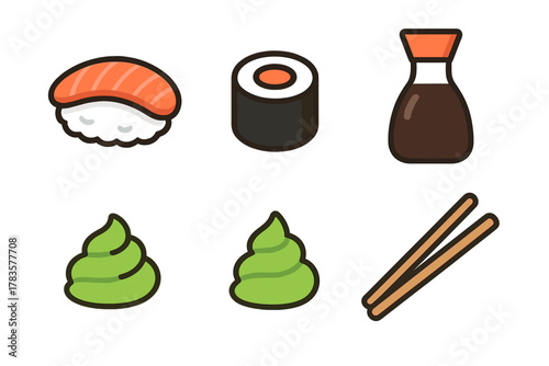 Japanese sushi food elements set including nigiri, maki roll, soy sauce, wasabi, and chopsticks