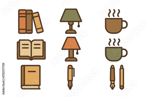 Cozy icons set for reading and writing with books lamps and coffee