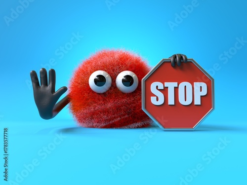 Fluffy, cute monster holding a stop sign, symbolizing caution or halting. 3D rendering, conceptual image. Isolated on white background.