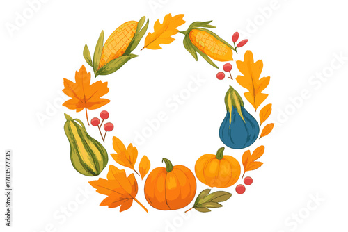 Autumn harvest wreath frame with pumpkins corn and oak leaves