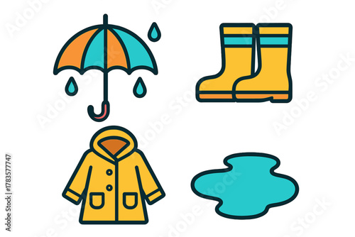 Set of rainy weather essentials including umbrella, yellow raincoat, rubber boots, and puddle