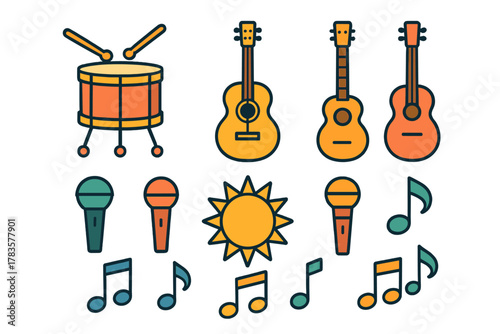 Colorful musical instruments and bright sun icons set