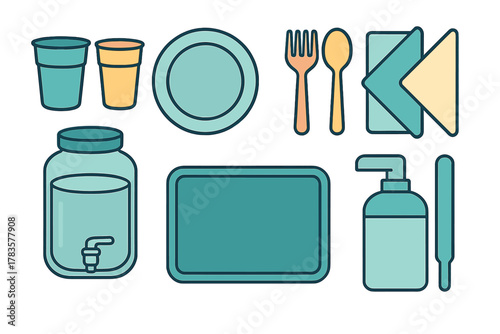 Reusable tableware and dispenser icons for zero waste lifestyle concepts