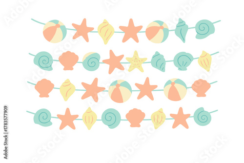 Cute summer beach garland banners with seashells and starfish icons