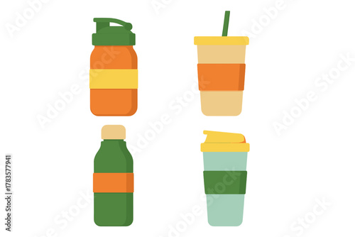 Set of four reusable drink containers including water bottle and travel mugs