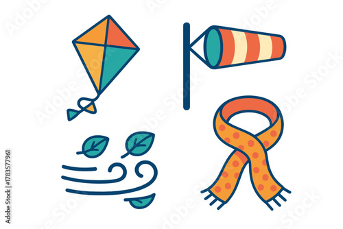 Colorful flying kite, windsock, blowing leaves, and warm scarf representing autumn weather