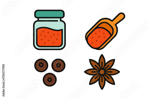 Assortment of culinary spice icons featuring jar and measuring scoop