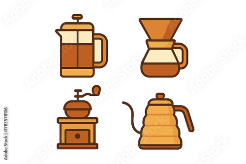 Essential coffee brewing equipment icons: French press, pour over dripper, manual grinder, and gooseneck kettle