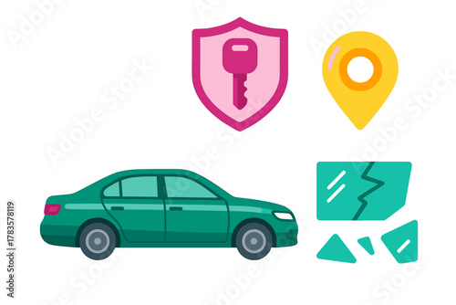 Automobile insurance claim icons featuring vehicle damage and security symbols