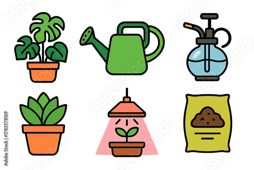 Collection of indoor plant care and gardening equipment symbols