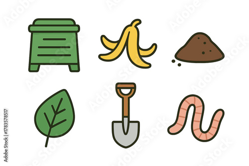 Composting materials icons set with bin, banana peel, soil, leaf, shovel, and worm