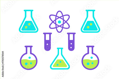 Colorful chemistry laboratory glassware and atom symbol icons