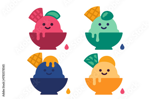 Four colorful smiling shaved ice desserts served in bowls