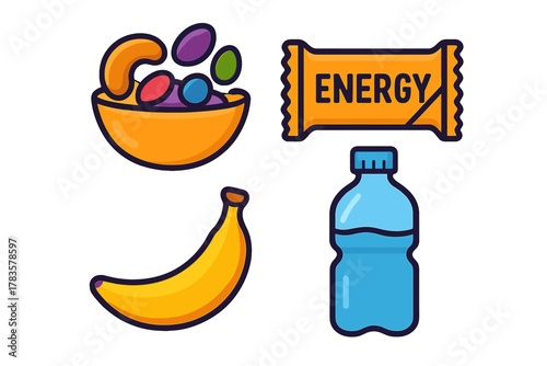 Assortment of healthy snacks and hydration items for active lifestyle