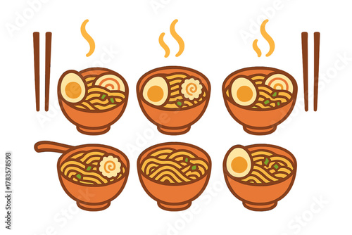 Steaming bowls of ramen noodles with various toppings and chopsticks