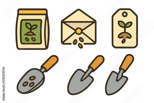 Gardening tools and seed icons for the planting season