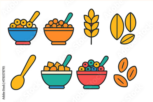 Assortment of breakfast cereal bowls with spoons and grain icons