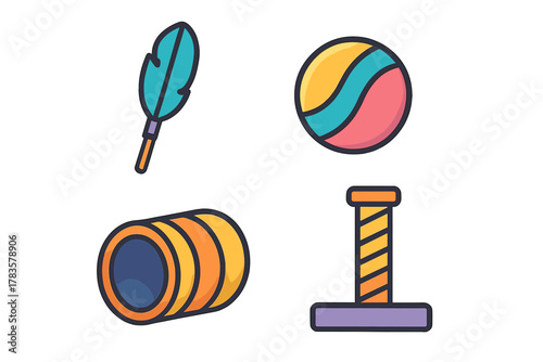 Colorful icons depicting common cat toys and pet accessories