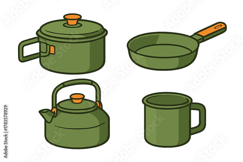 Green camping cookware set with pot, pan, kettle, and mug