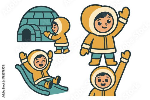 Happy child in winter parka playing near igloo and sledding