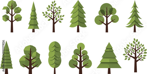 PrintStylized tree icons, flat forest graphics, n, deciduous tree clipart, landscape elements, eco-friendly graphics, seasonal tree icons, cartoon foliage