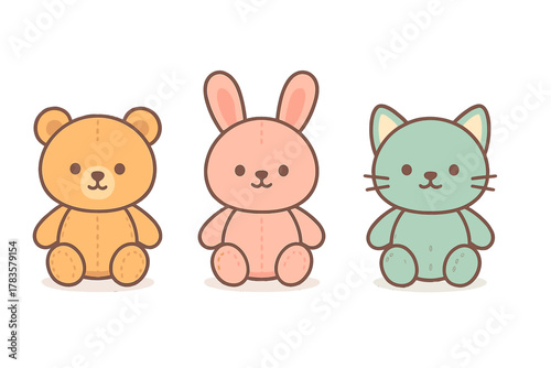 Collection of cute plush animal toys: teddy bear, rabbit, and cat
