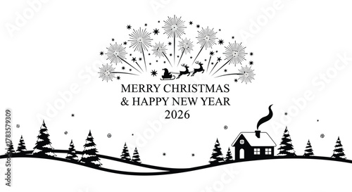 Merry christmas and happy new year 2026 greeting with santa claus in a sleigh pulled by reindeer flying over a snowy landscape with fir trees and a cozy house